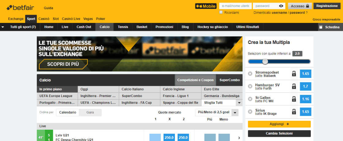 Betfair scommesse calcio