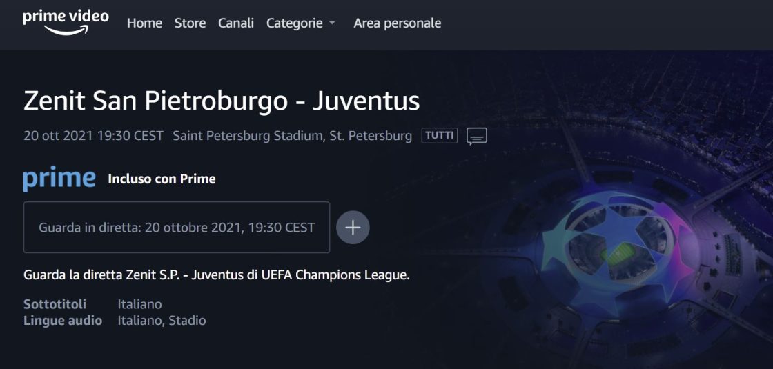 Diretta Streaming Zenit-Juventus su Prime Video Champions League